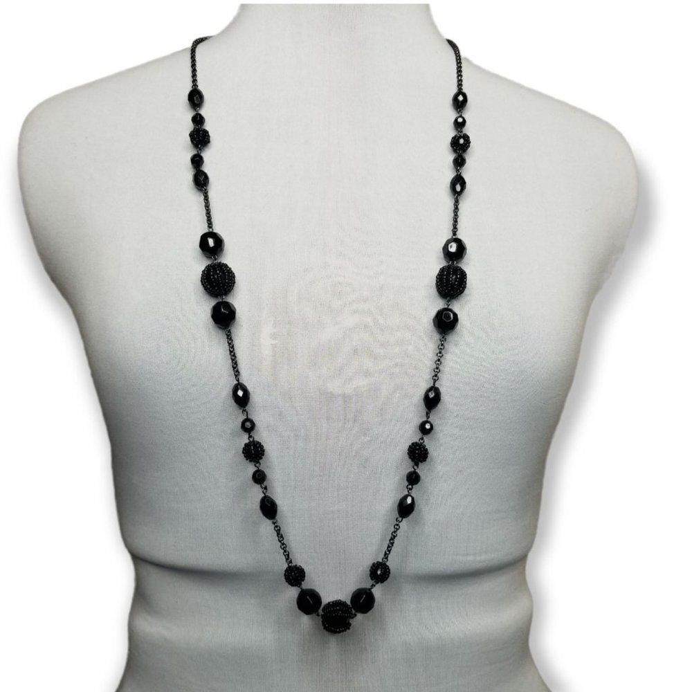 Avon Long Necklace Gunmetal Tone Chain Large Black Beads Seed Beads Goth Witch